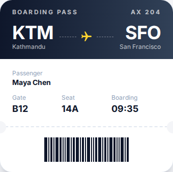 Before: gate B12, seat 14A, boarding 09:35 in small dark text