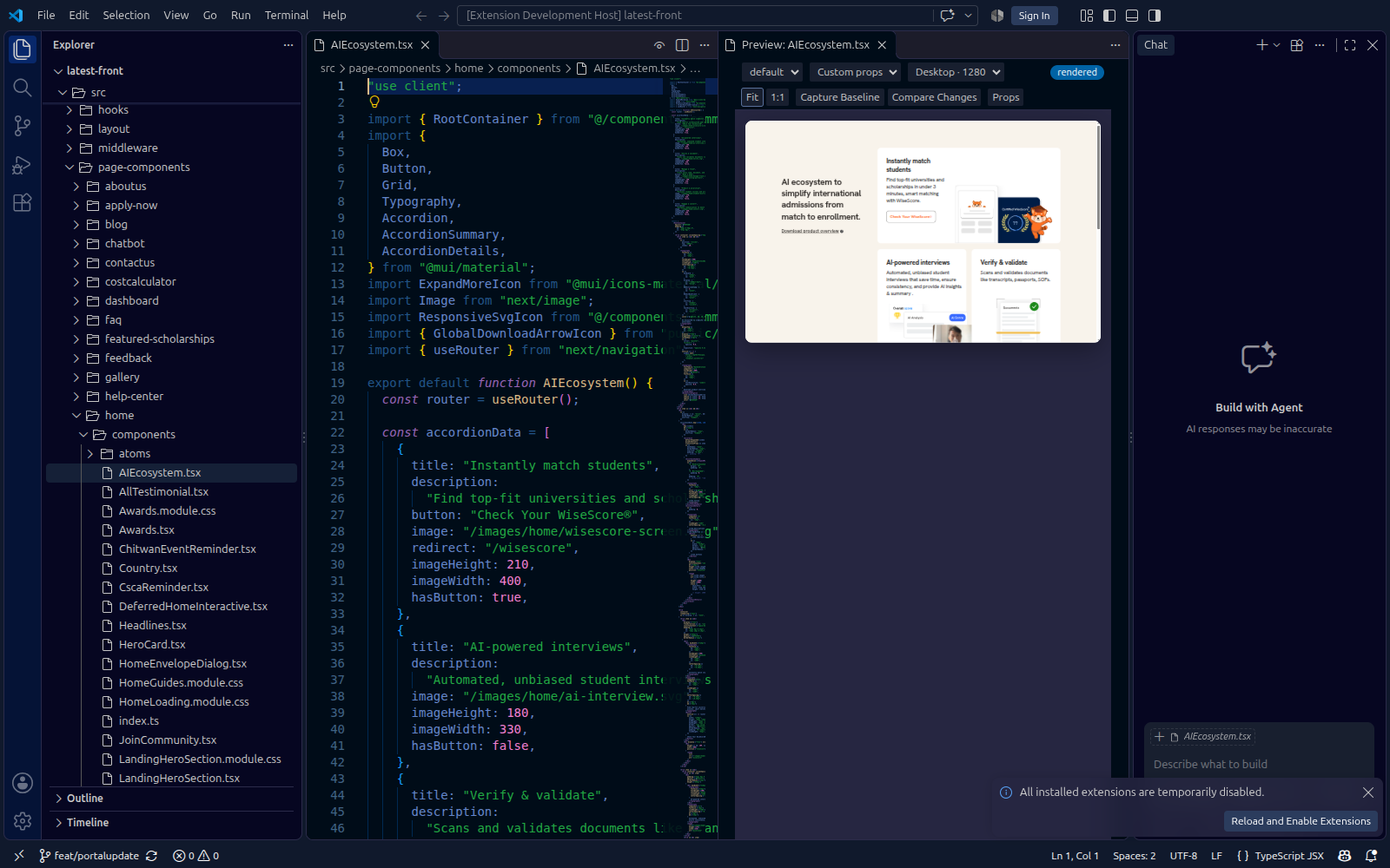 Actual VS Code window with the component source and Arguseye preview panel side by side, including export, usage, viewport, baseline and comparison controls