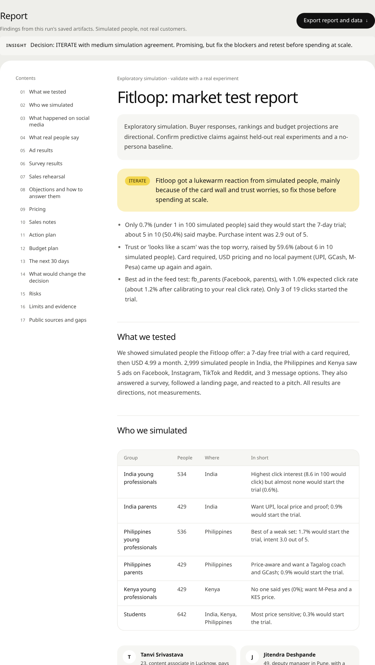 MarketMirror report with the go / iterate / no-go decision